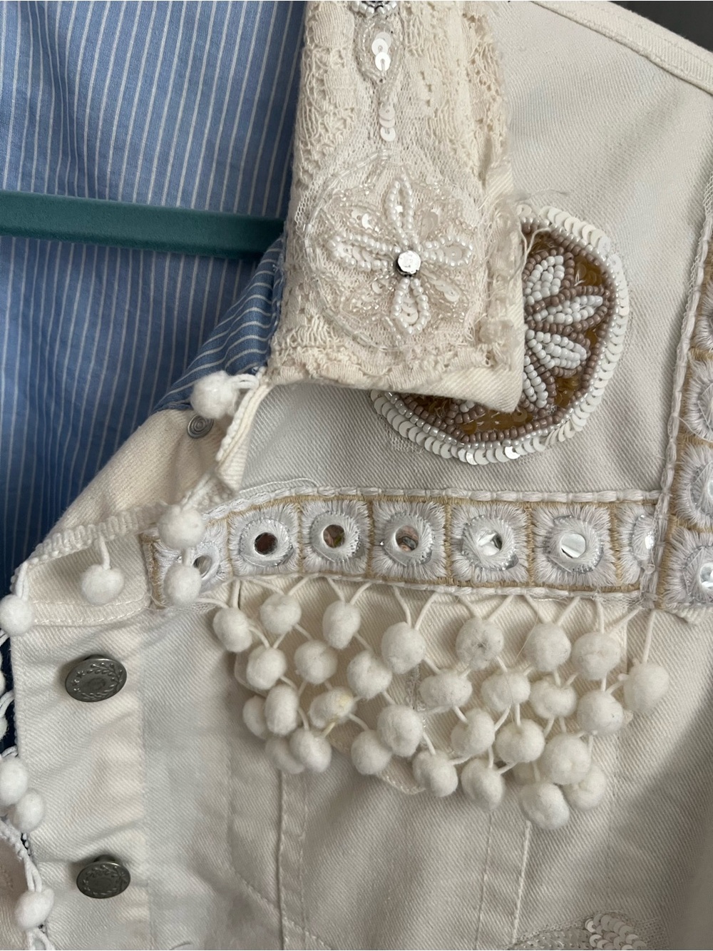 Antica Santoria Embellished White  Denim Jacket with Pom Pom Details - Picture 13 of 15
